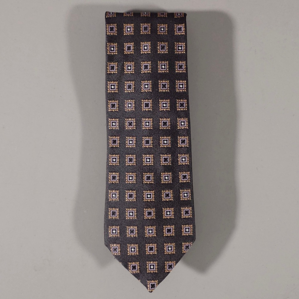 Canali Necktie Mens OS Charcoal Grey Geometric Square Silk Made in Italy